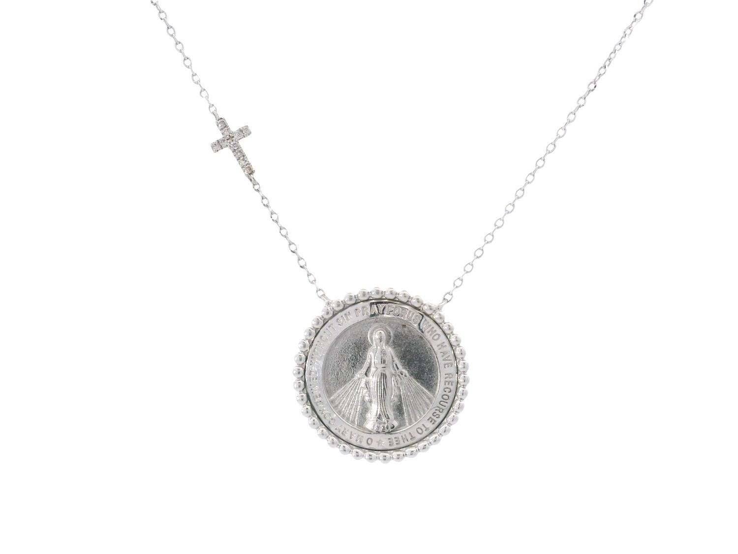 CADENA ORO BLANCO  MEDALLA CON CRUZ DIAMANTES PEQUEÑOS 14K D.05