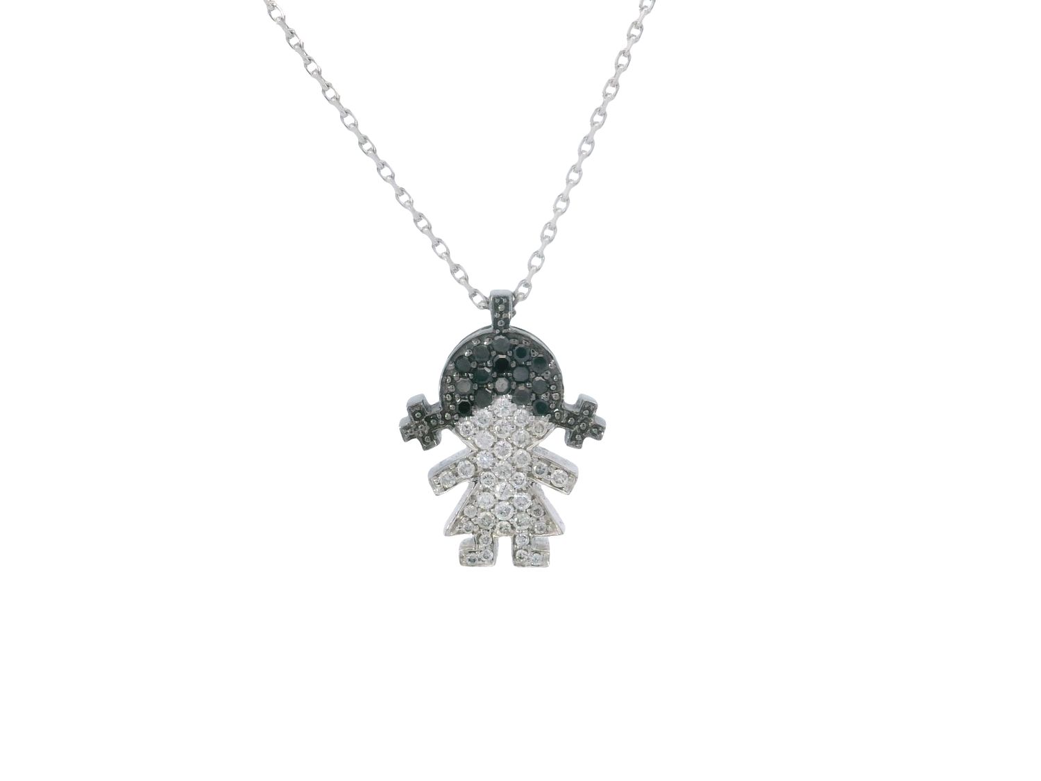 DIJE ORO BLANCO  NIÑA DIAMANTES  NEGROS Y BLANCOS 14K