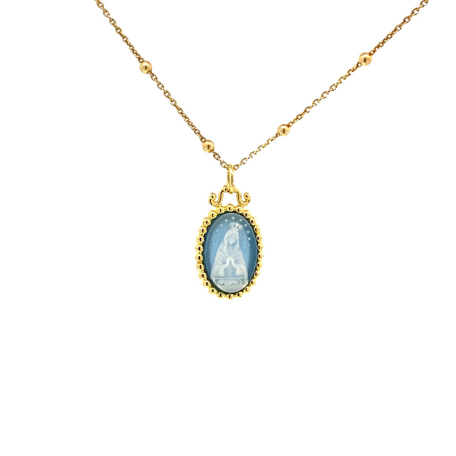 CADENA DIJE PLATA AMARILLA VIRGEN LA ALTAGRACIA AGATA AZUL MINI