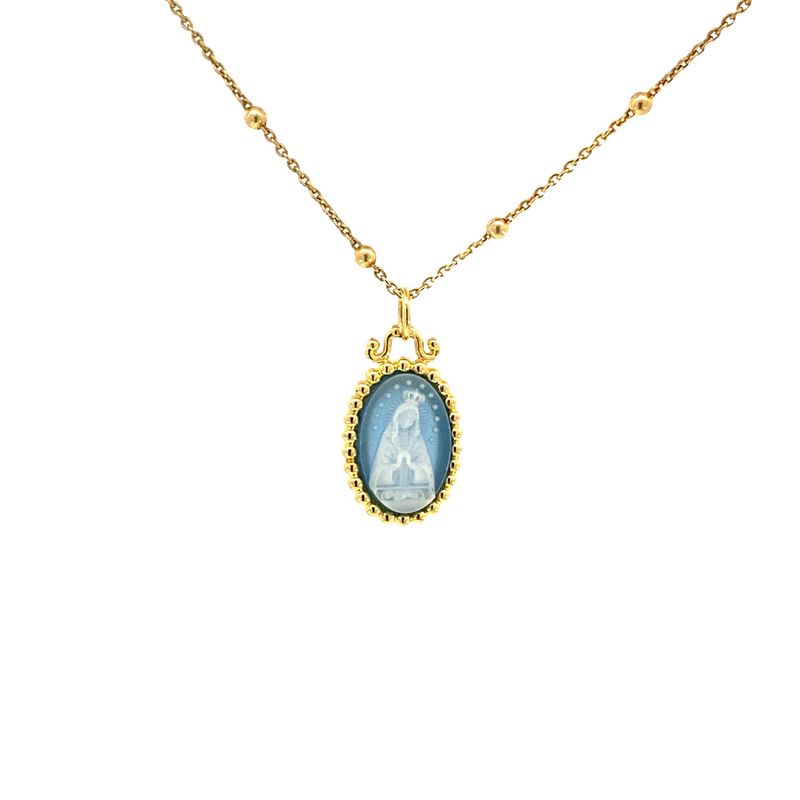 CADENA DIJE PLATA AMARILLA VIRGEN LA ALTAGRACIA AGATA AZUL MINI
