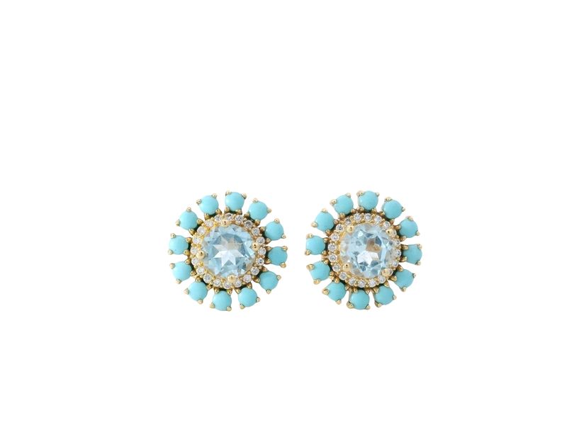 ARETES ORO AMARILLO TURQUESA Y TOPACIO AZUL 14K