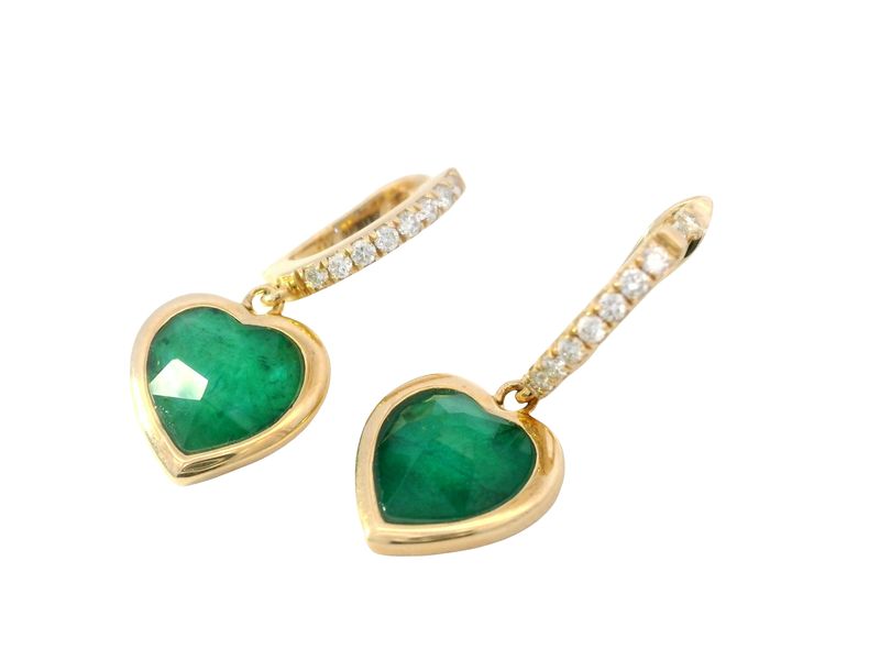 ARETES ORO AMARILLO CORAZONES CUARZO VERDE Y DIAMANTES 14K