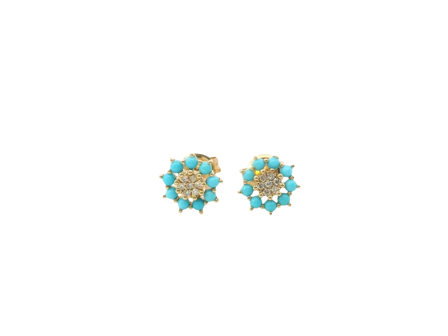 ARETES ORO  AMARILLO TURQUESA  Y DIAMANTES DISEÑO FLOR 14K