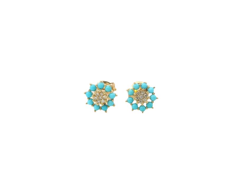 ARETES ORO  AMARILLO TURQUESA  Y DIAMANTES DISEÑO FLOR 14K