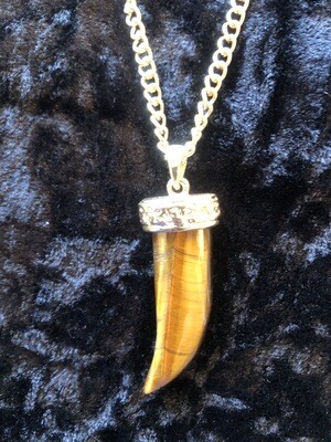 Men Tiger's Eye, 1 inch Shark's Tooth Necklace, 24”  Sterling Silver Chain