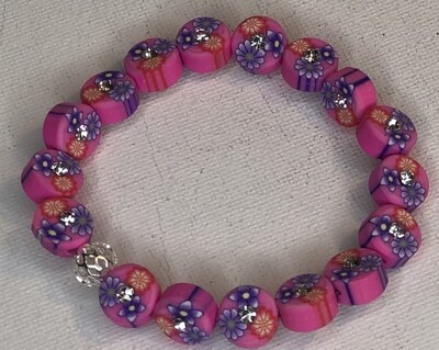 Children Pink Clay Flower Bracelet, 8 MM