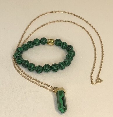 Malachite Men or Ladies Necklace, 24" Gold Electroplated Cable Chain, and Malachite Bracelet, 8MM