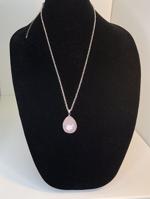 Ladies Rose Quartz Tear Drop Necklace, 18 inch or 24 inch Sterling Silver Chain
