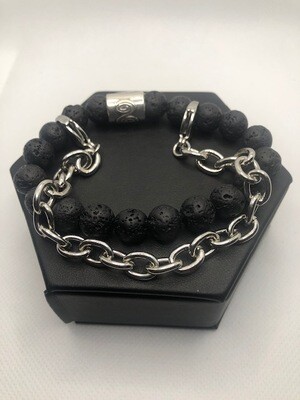 Black Lava Rock and Removable Silver Chain Men Bracelet, 10MM