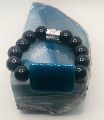 Blue Agate Square Stone with Black Jasper Beads Ladies and Men Bracelet, 10MM