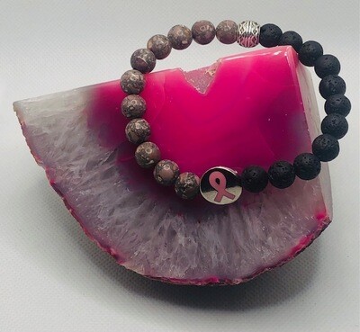 Pink & Grey Howlite and Black Lava Rock Ladies Bracelet with Breast Cancer Symbol, 8MM