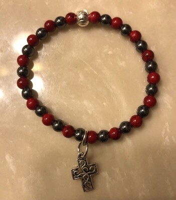 Red Coral and Hematite Ladies and Men Bracelet, 6MM