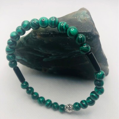 Malachite and Obsidian Ladies and Men Bracelet, 6MM
