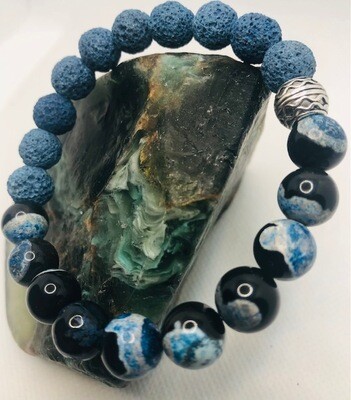 Aqua Agate and Blue Lava Rock Men and Ladies Bracelet, 10MM