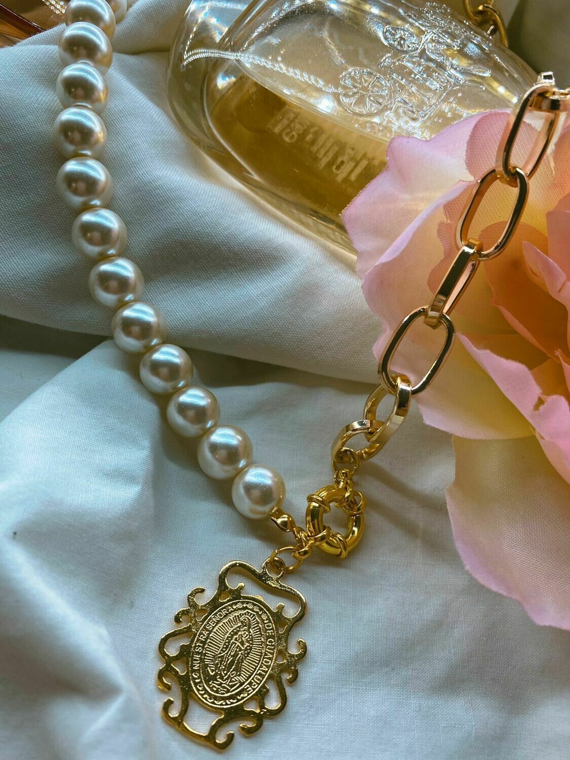 Virgencita de Guadalupe pearl and chain