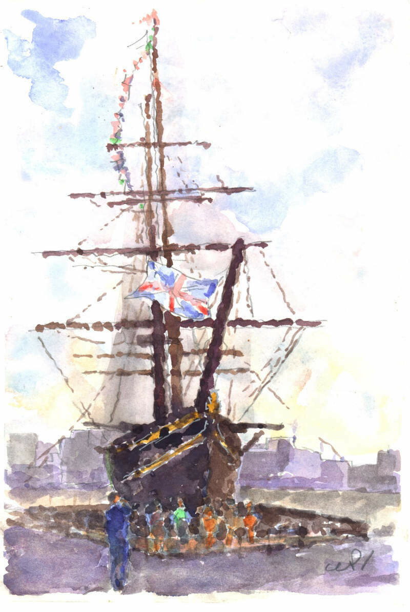 "Cutty Sark", Greenwich" Original Watercolor 1989 - Edmond Perini (1922 - 1991)