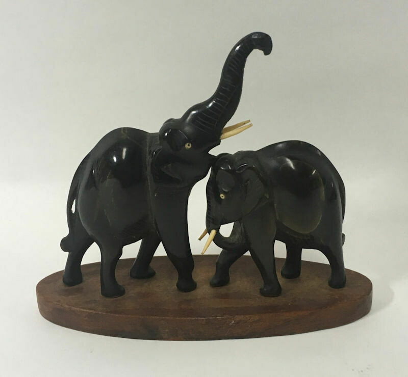 Hand Carved Wood Elephant Pair with Tusks on Oval Wood Base
