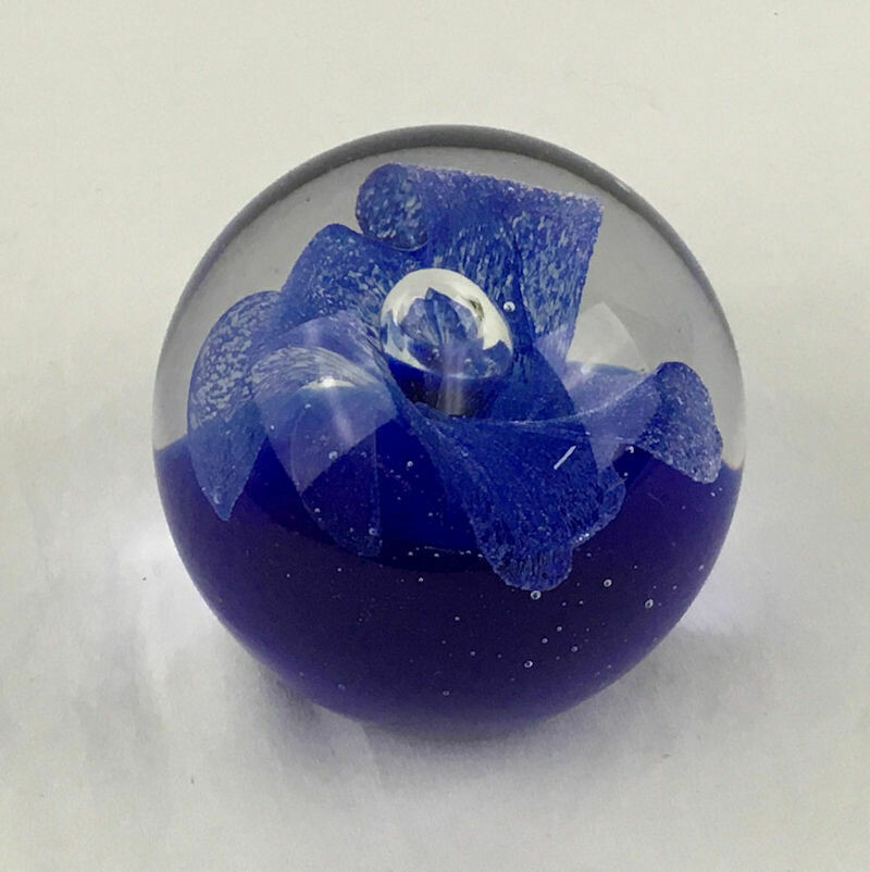 Art Glass Paperweight with Cobalt Blue Flower and Large Controlled Bubble