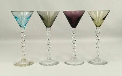 Colorful 4 Piece Assortment Twisted Stem Cordial Glasses.