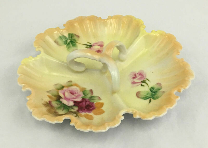 Lefton 5204 Divided Candy Tray W Handle Pink Roses Hand-Painted