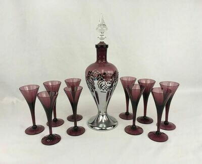 Art Deco Cambridge Farber Bros. Glass Decanter Wine Set Amethyst - Chrome - 1930s/40s.