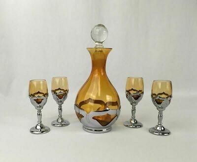 MCM -Art Deco Amber Glass & Chrome Decanter with 4 Cordials Farber Bros