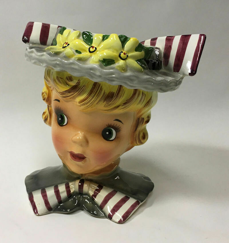 Captivating Expression Blond Girl Head Vase Flowered Hat Striped Bows - c1960s