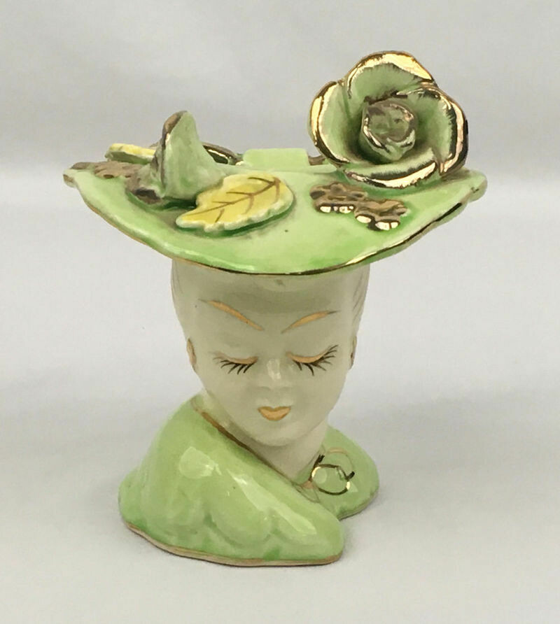 Head Vase Light Green with Gold Trim 1940s-1950s