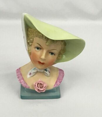 Ucagco Lady Head Vase Green Hat & White Scarf 1950s