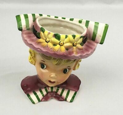 Blond Girl Head Vase Flowered Hat Green & White Striped Bows - c1960s