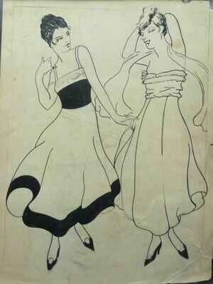 George Baker Fashion Original Pencil and Pen & Ink Art Illustration Circa 1915 Unsigned - Two Girls.