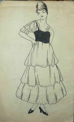 George Baker Fashion Original Pen & Ink Art Illustration Circa 1915 Unsigned - Girl in Fancy Dress
