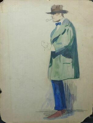 George Baker Fashion Original Pencil and Tempera Paint Art Illustration Circa 1915 Not Signed. Man with Hat and Coat.