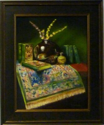 Raku Vase With Books - Oil on Panel, 18" x 14",  Framed Dennis Chadra (1942 - )