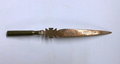 WWI Trench Art Letter Opener Engraved - Mrs. Geo W. Brownell 1914