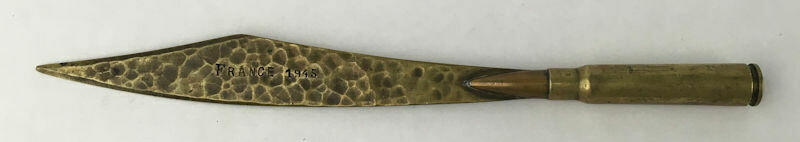 WWII Trench Art Stamped "France 1945" Souvenier Brass Letter Opener With German Shell.