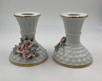 Lefton Candle Holders Set of 2 - Pink Roses Hand-Painted 835