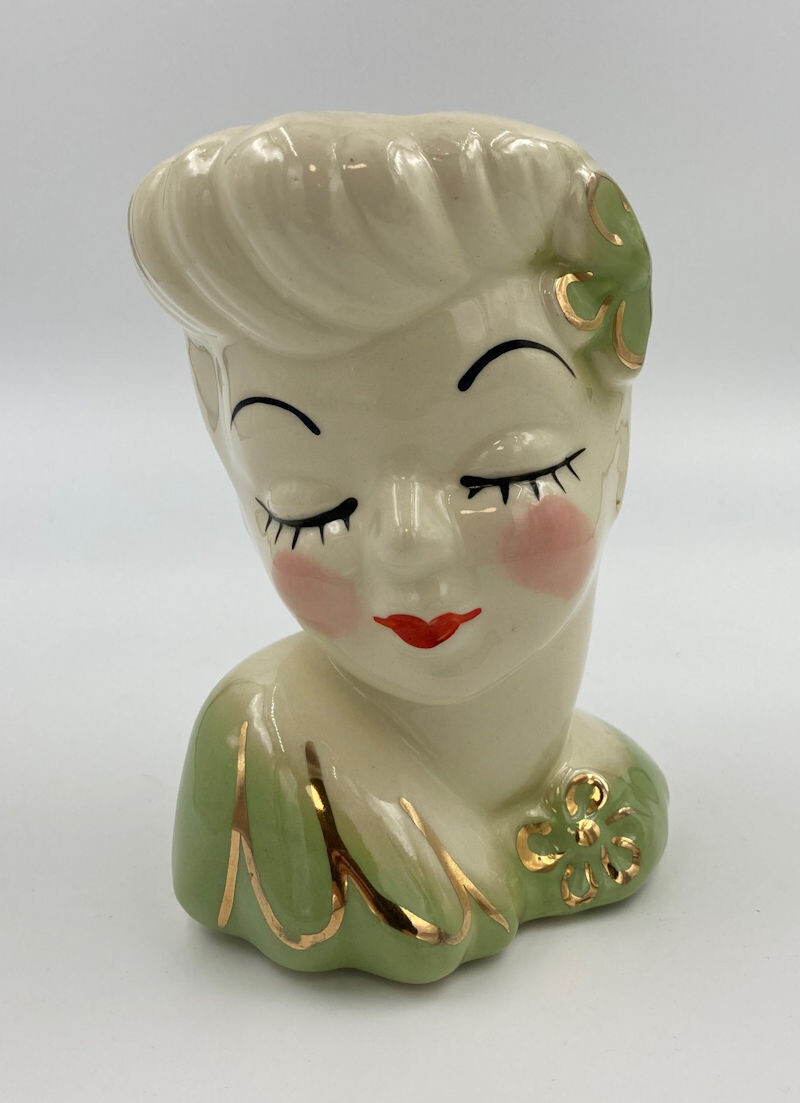 Glamour Girl Head Vase Green Dress, Red Lips, Gold Flowers, and Trim. 6.5" Tall.