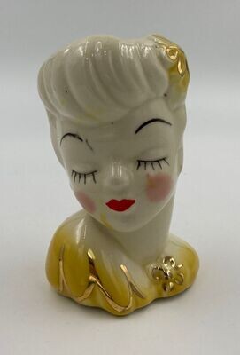 Betty Grabel Lady Head Vase, Yellow Dress and Flower. Gold Trim 5” Tall