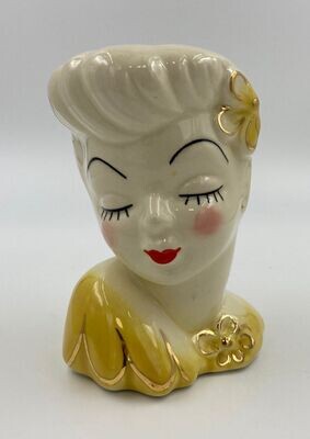 Glamour Girl Head Vase with Red Lips, Yellow Flower and Dress, Gold Trim, 6