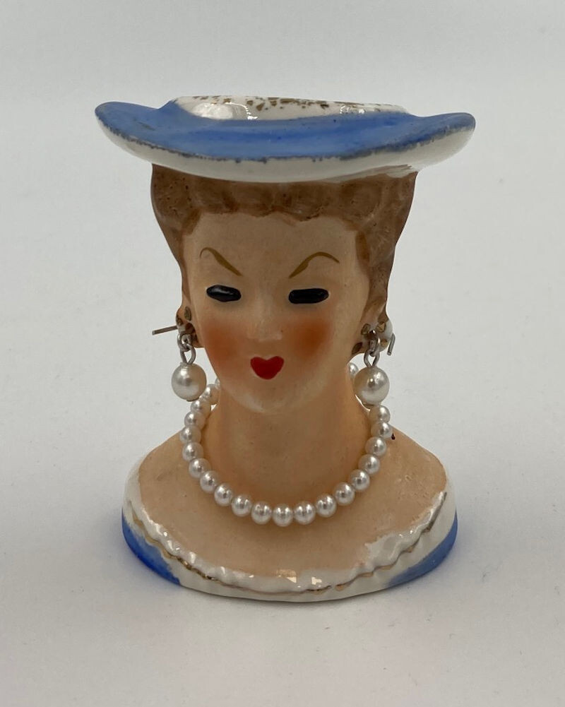Artmark Head Vase Blue Hat, Pearl Necklace and Earrings 3” Tall
