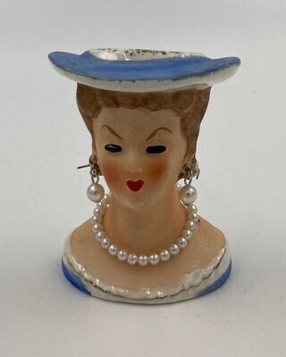 Artmark Head Vase Blue Hat, Pearl Necklace and Earrings 3” Tall