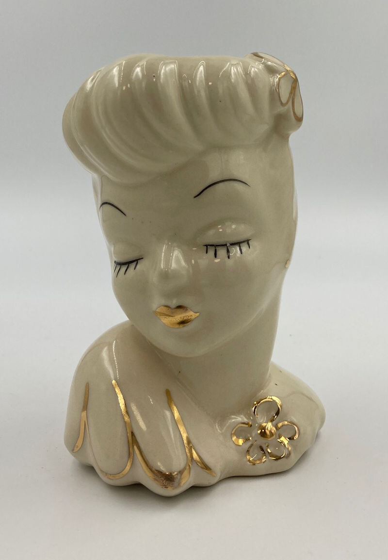 Glamour Girl Head Vase with Gold Lips In Cream Dress and Gold Trim 6".