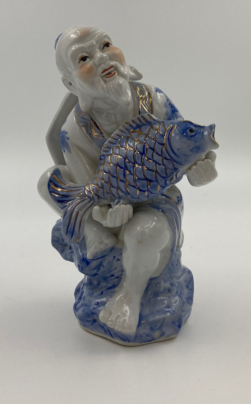 Chinese Porcelain Fisherman Holding Fish - Blue 7" Tall