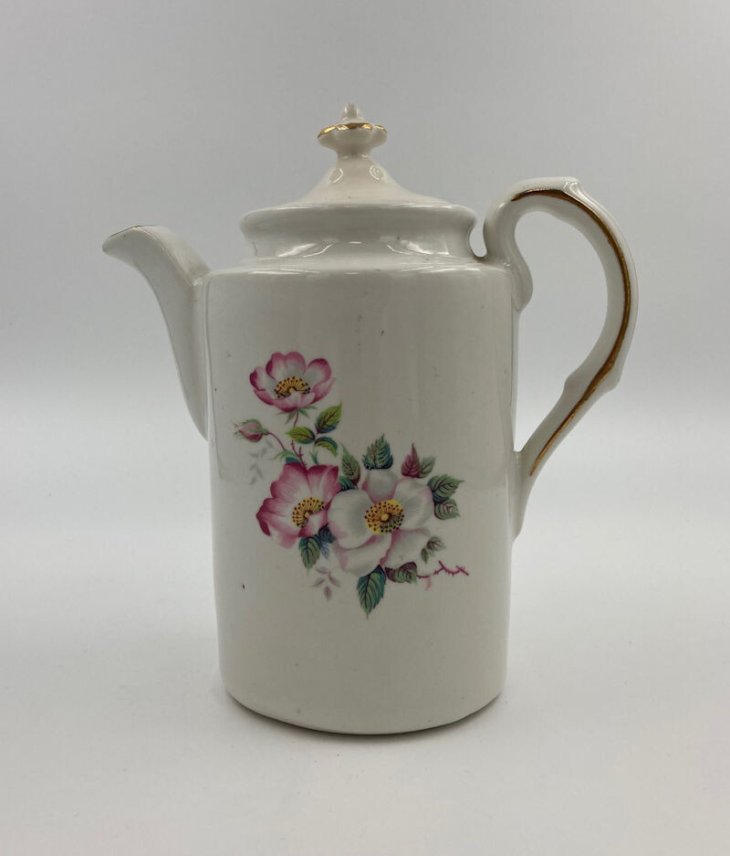 Chocolate Pot Gold Accents Pink and White Flowers
