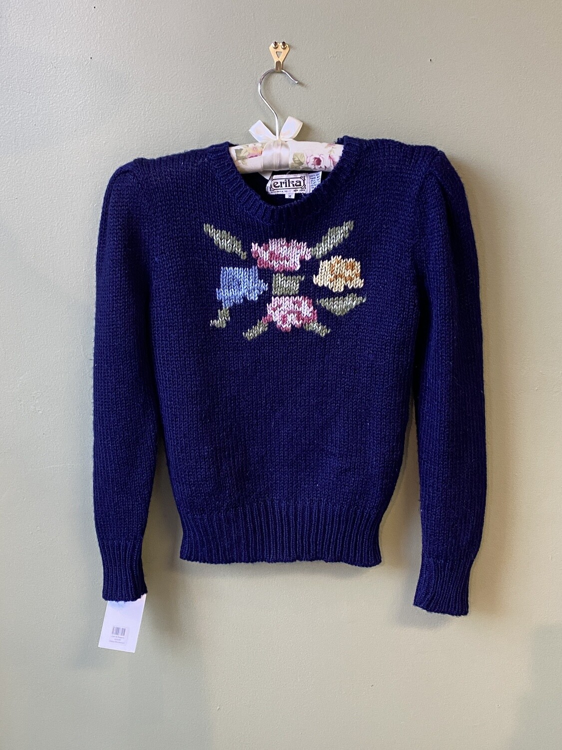 Blue Acrylic Flower Sweater by erika, Size M Flowers 