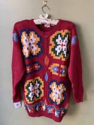 Vintage Huntington Ridge Ruby Sweater with Flowers, Size M