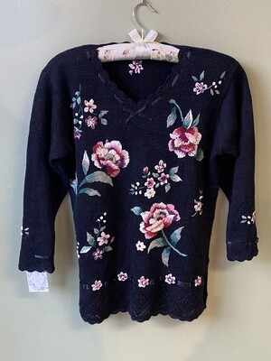 Vintage Cotton-blend Capacity Navy Sweater with Scalloped Sleeves, Roses, and Satin Ribbon Collar, Size Petite M
