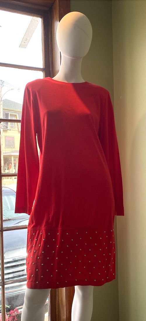 S Roberts Red Knee Length Dress with Silver Studs at Hem, Size L