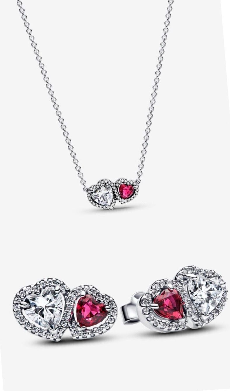Pandora Double Heart Silver/pink Necklace Set